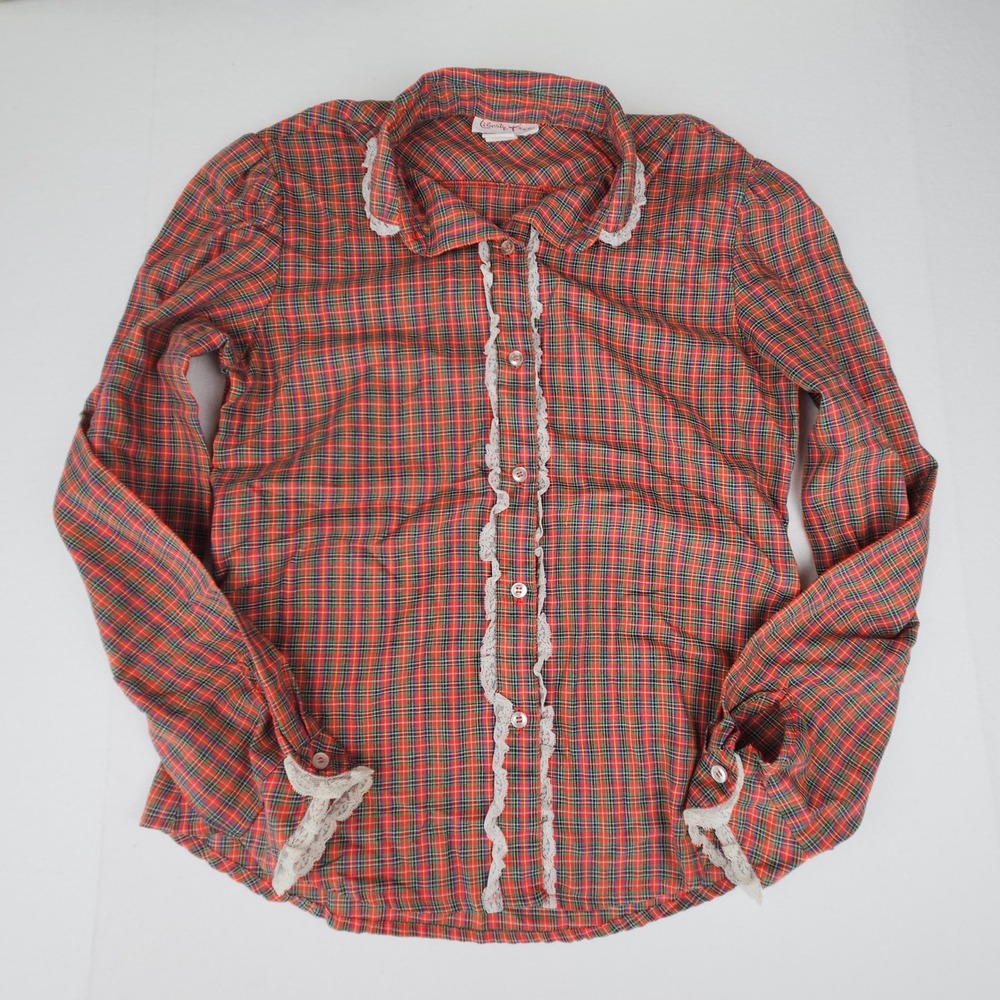 Liberty Tree Vintage 1970s Plaid Lace Trim Blouse Red Green Tartan Button Down